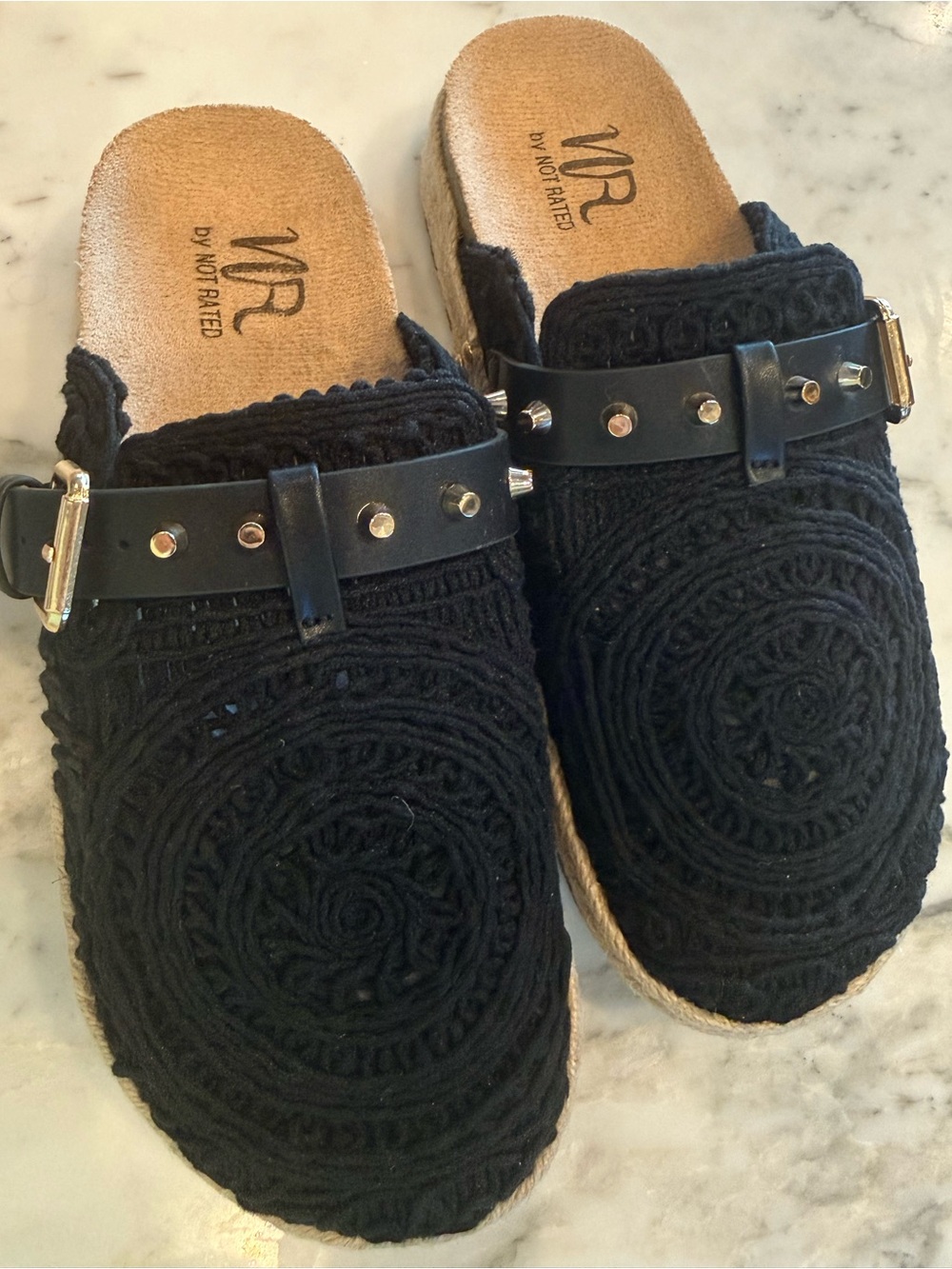 Not Rated Black Crochet Espadrille Mule with Buckle Strap Shoes Sandals New 8